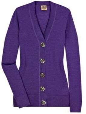 Tory Burch Simone 100% Merino Wool Purple V-Neck Logo Button Front  Cardigan